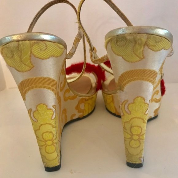 Casadei Brocade Wedge with Red Mink Fringe - Picture 3 of 8